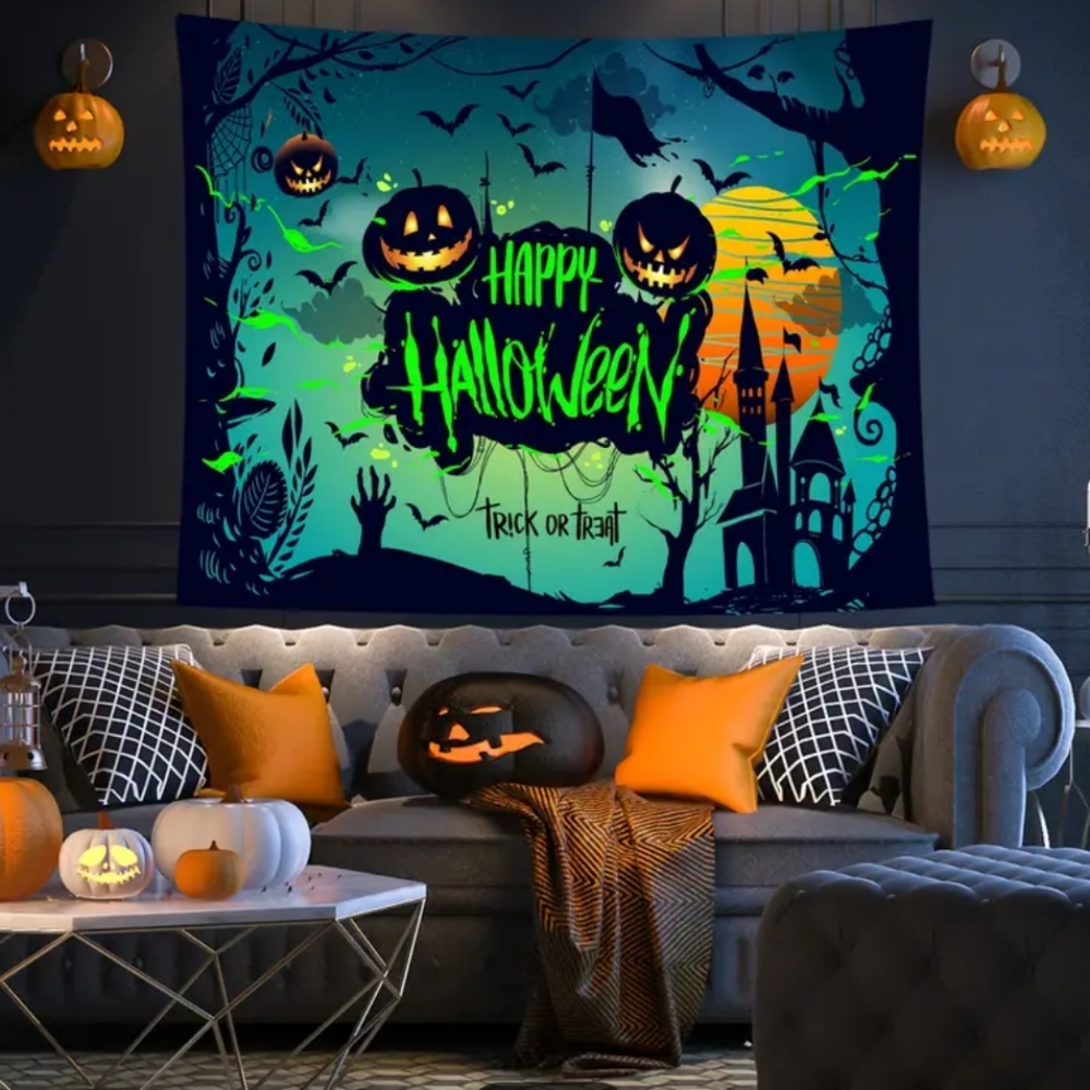🦇 Glow Tapestry Wall Decor Happy Halloween 4'x6' Glows in UV Light